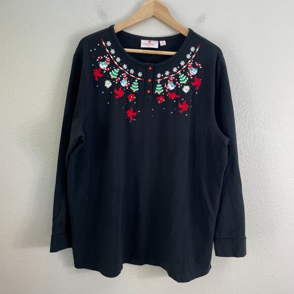 Quacker Factory Womens XL Holiday Embroidered Long Sleeve Top Black Christmas - Picture 1 of 6